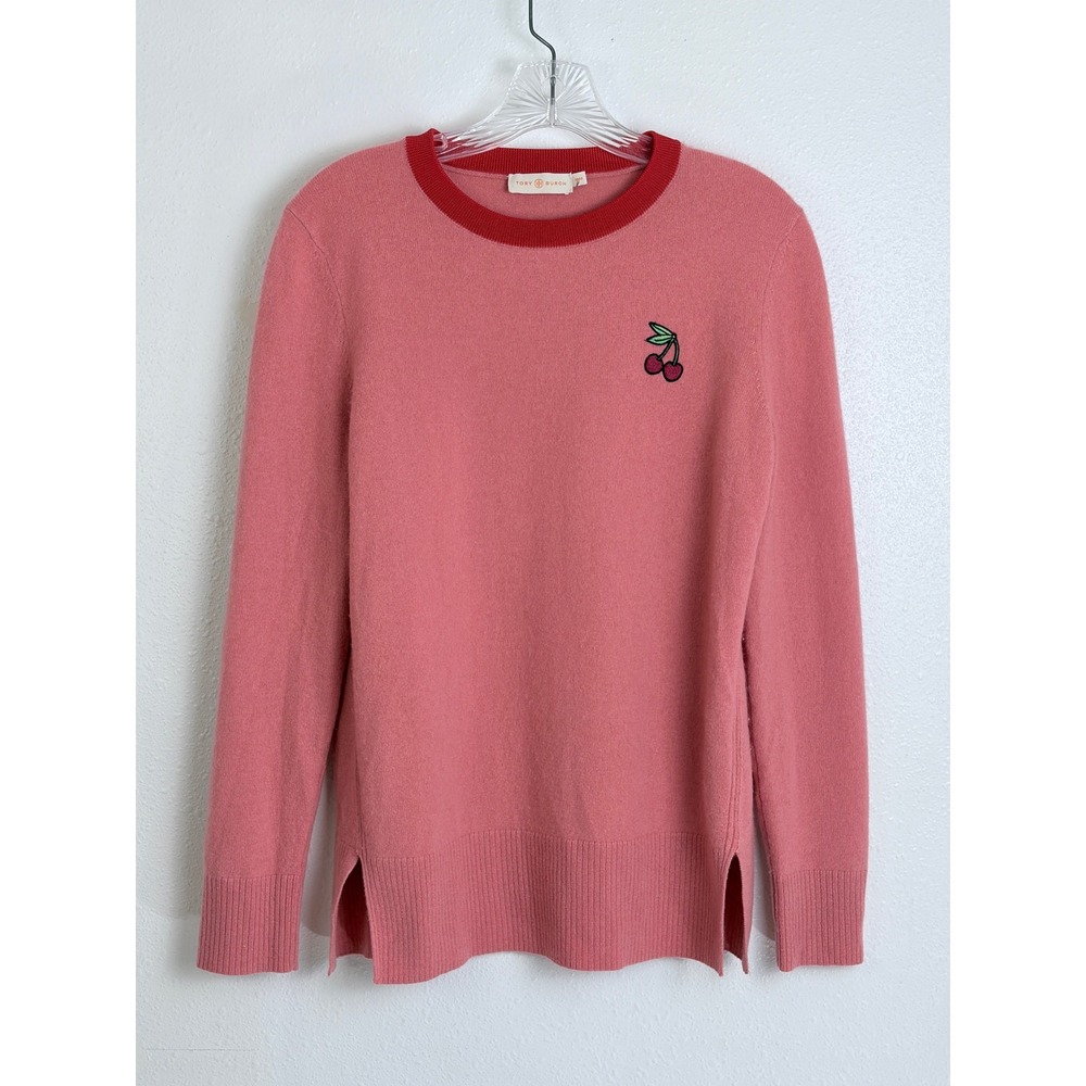 Tory Burch Pink Red Cherry Embroidered Crewneck Knit Sweater M